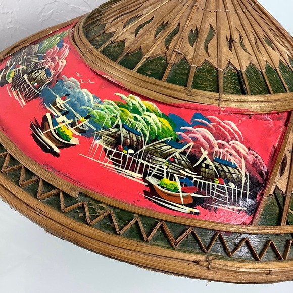 VTG Asian Wicker Bamboo Hat hand painted Gardening Beach Field Handmade SZ OSFM - Picture 7 of 12